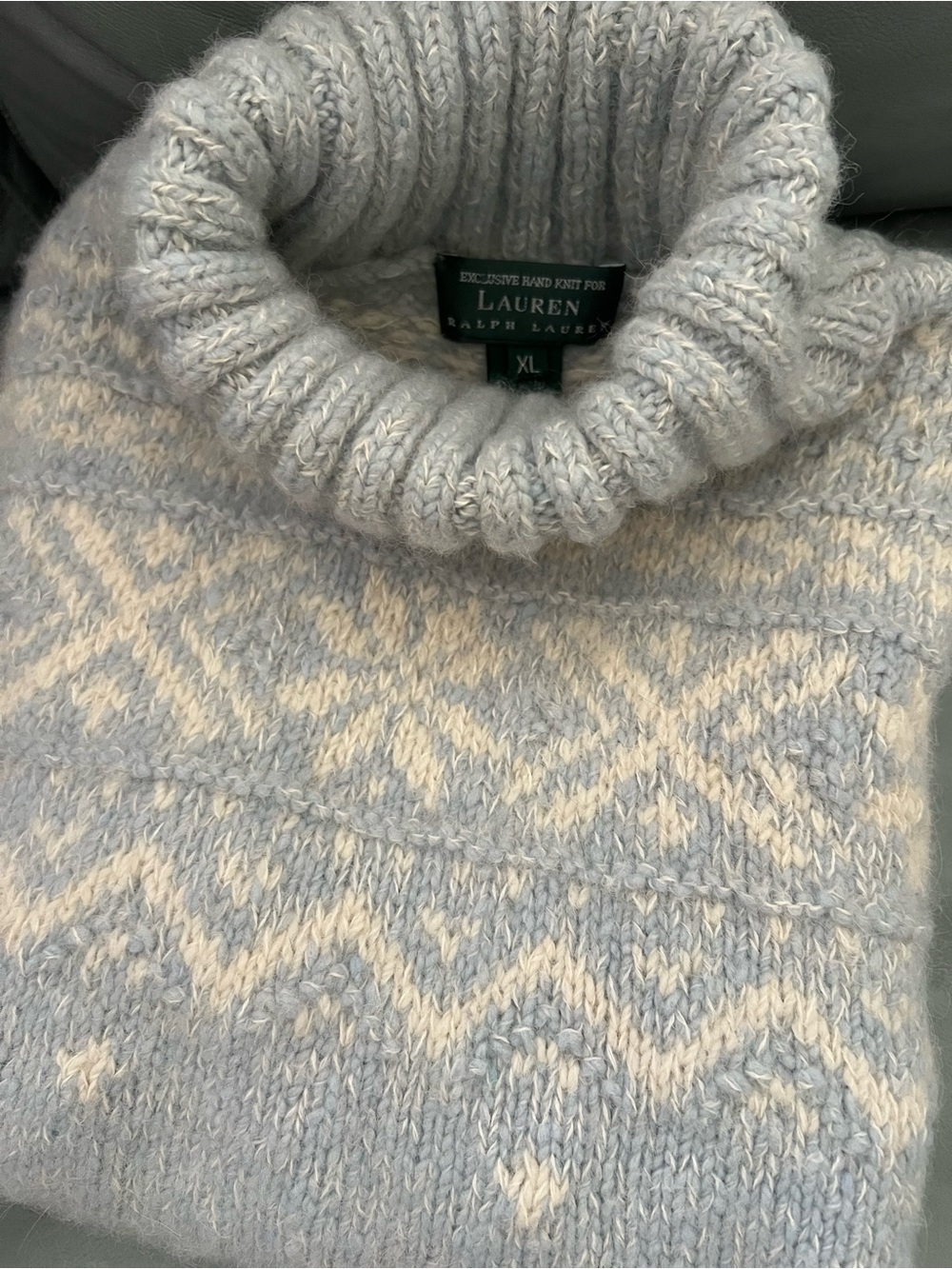 Ralph Lauren Thick Hand Knit Blue Cream Fair Isle Angora Turtleneck Sweater XL